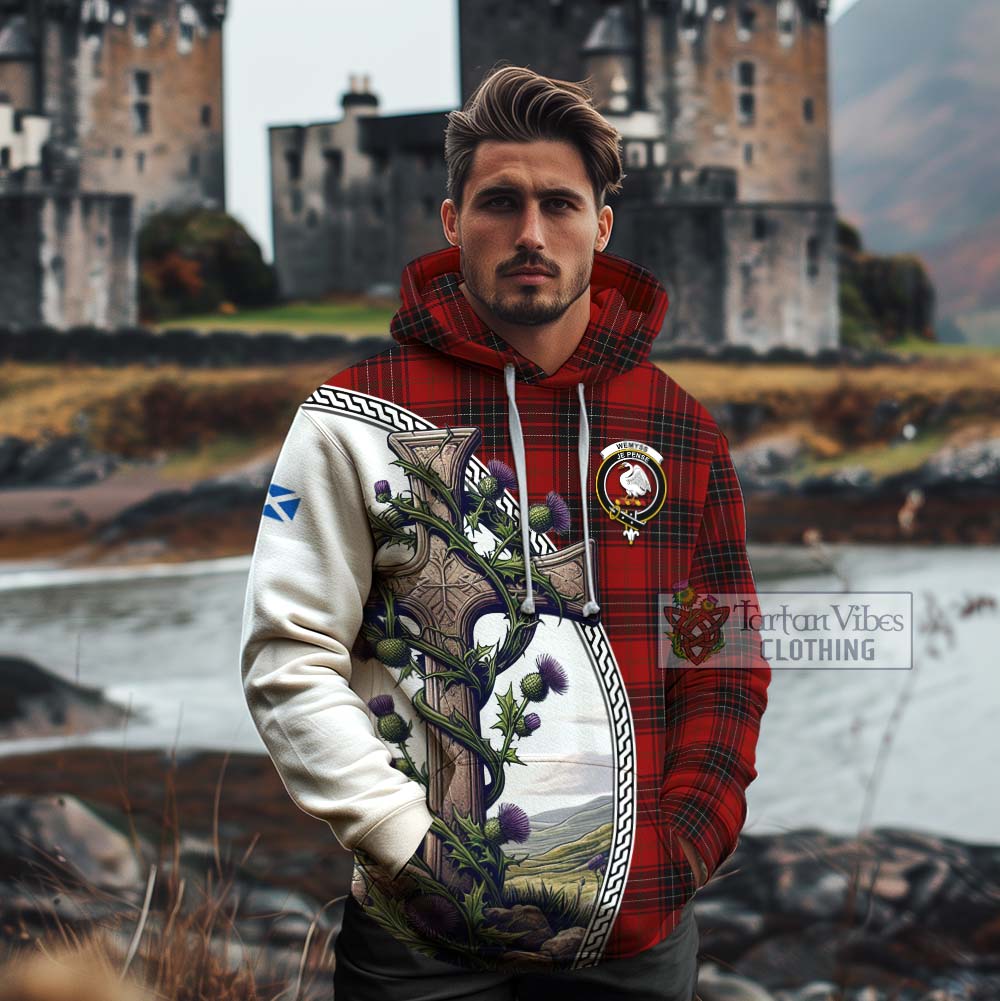 Tartan Vibes Clothing Wemyss Tartan Cotton Hoodie with Family Crest and St. Andrew's Cross Accented by Thistle Vines
