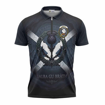 Wemyss Clan Crest Zipper Polo Shirt with Celtic Knot Thistle and Saltire
