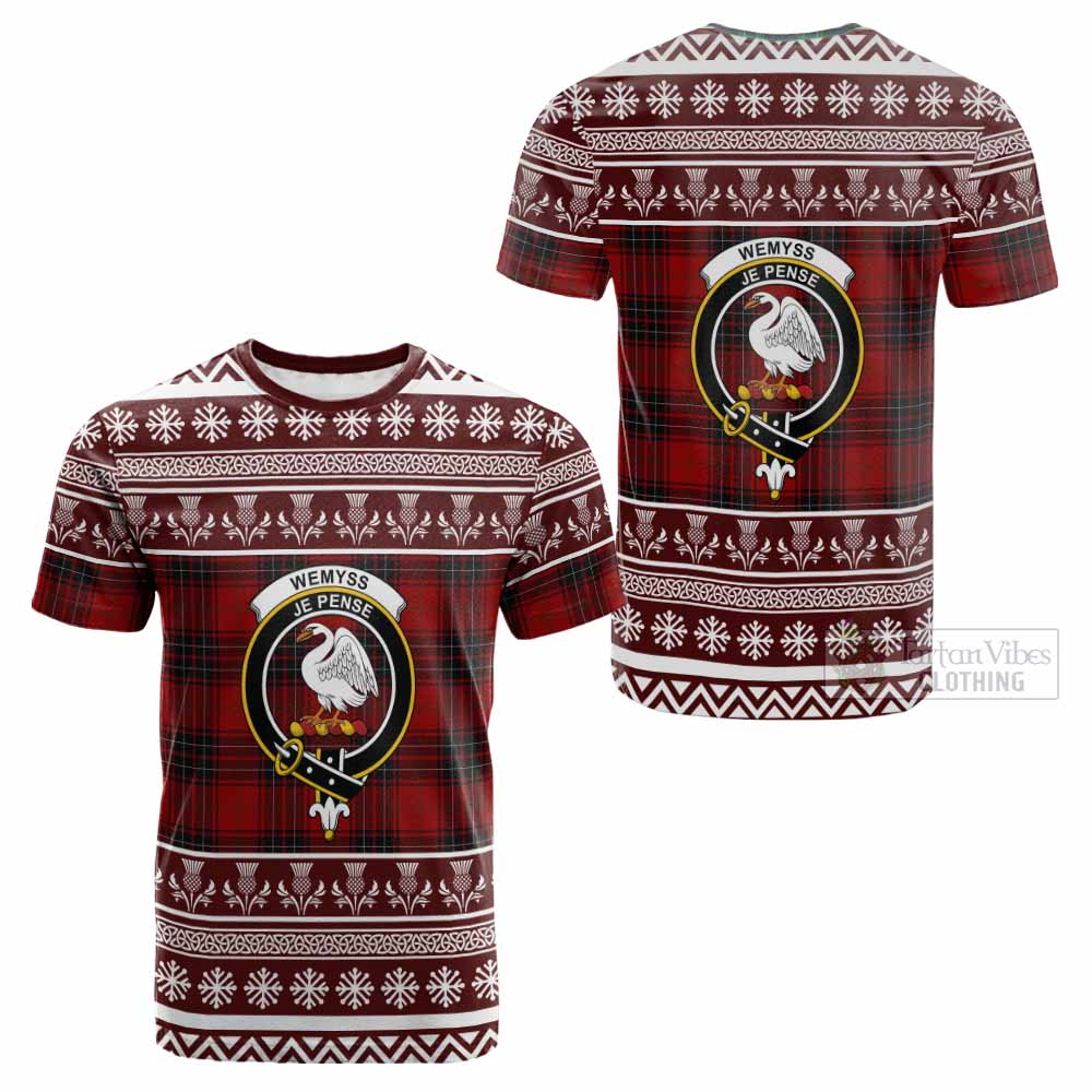 Wemyss Clan Tartan Christmas Cotton T-shirt with Family Crest - Tartan Vibes Clothing