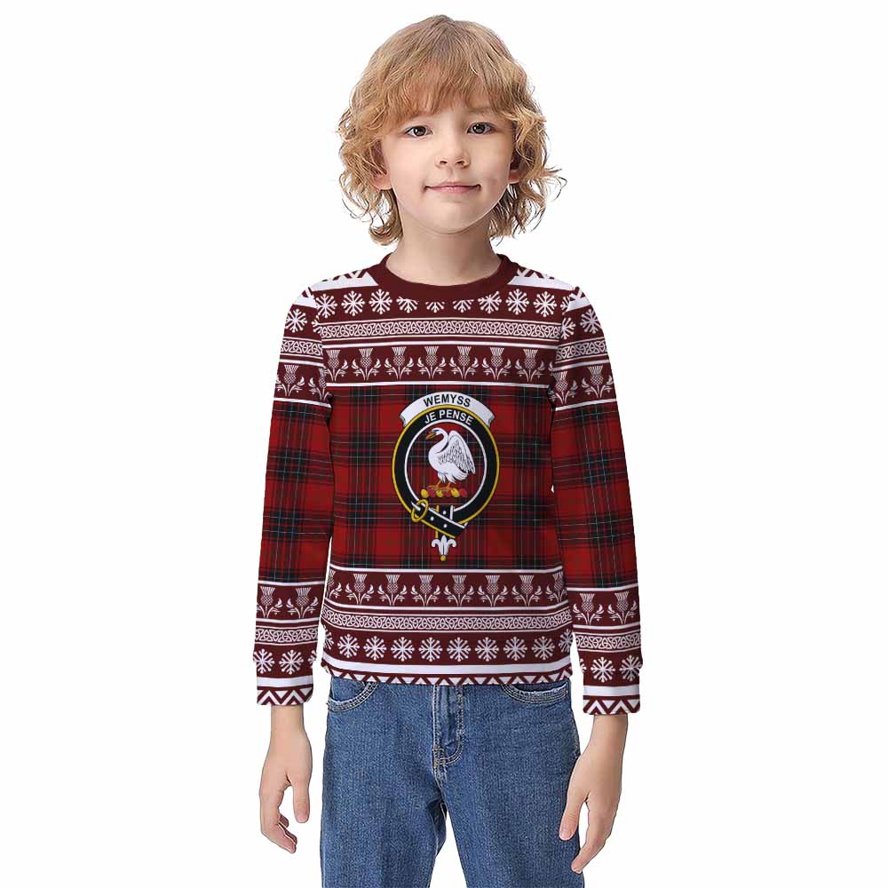 Wemyss Clan Tartan Christmas Kid Ugly Sweatshirt with Family Crest - Tartan Vibes Clothing