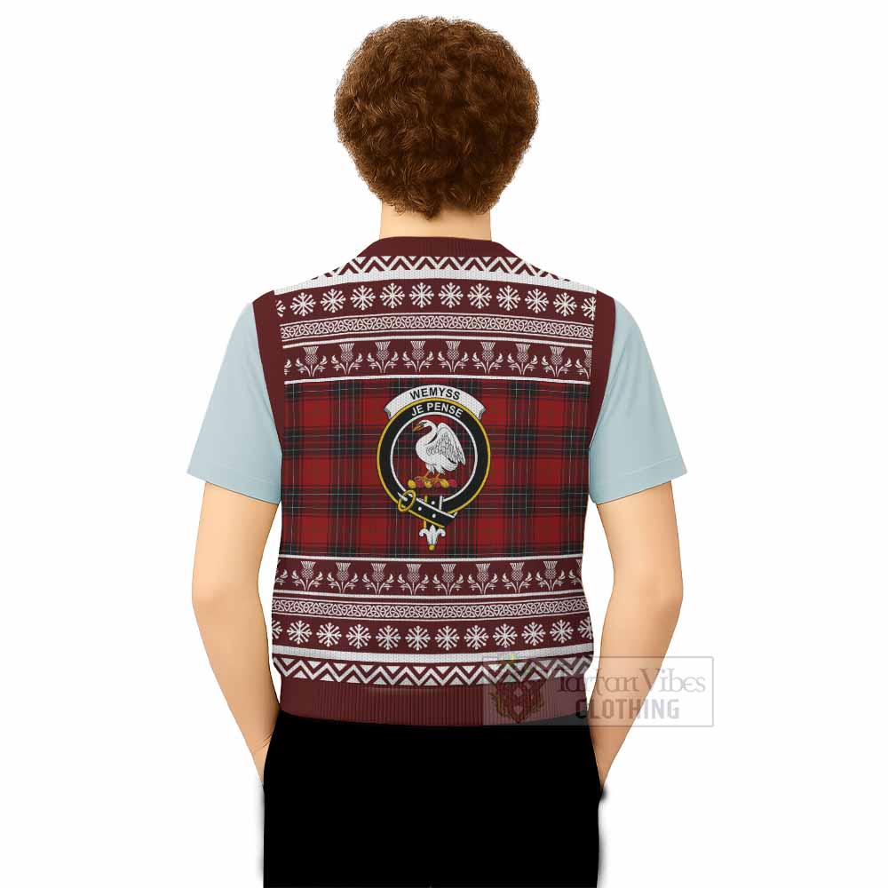 Wemyss Clan Tartan Christmas Knitted V-Neck Vest with Family Crest - Tartan Vibes Clothing
