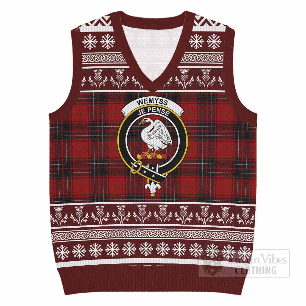 Wemyss Clan Tartan Christmas Knitted V-Neck Vest with Family Crest - Tartan Vibes Clothing