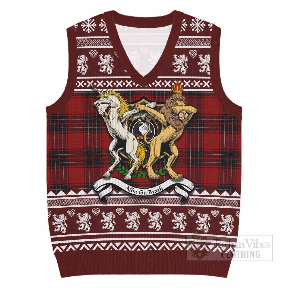 Wemyss Clan Tartan Crest Christmas Knitted V-Neck Vest Coat of Arms Funny Style - Tartan Vibes Clothing