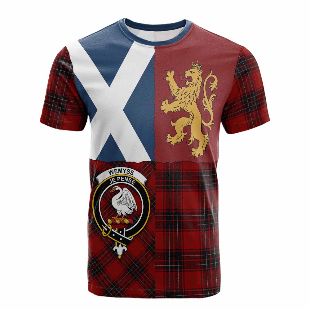 Wemyss Crest Tartan Cotton T-shirt with Lion Rampant Saltire Style - Tartan Vibes Clothing