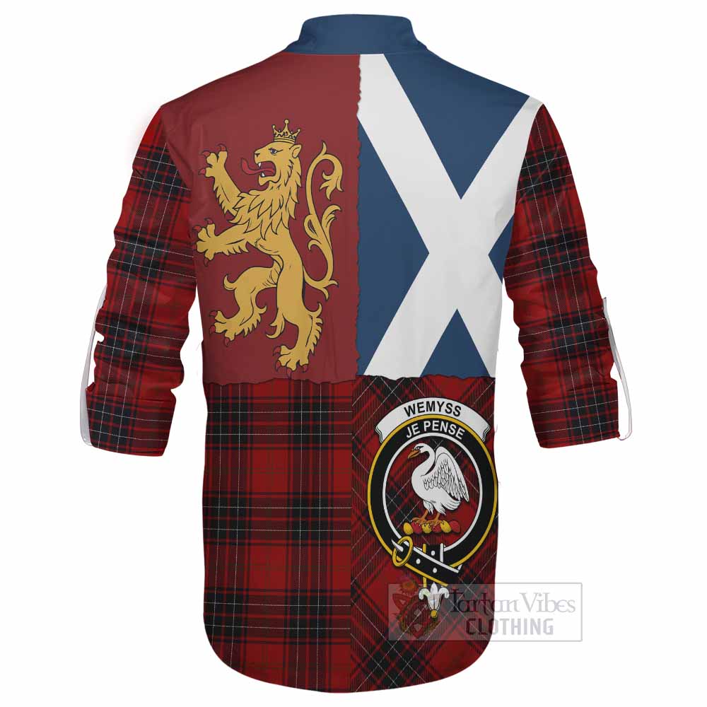 Wemyss Crest Tartan Ghillie Shirt with Lion Rampant Saltire Style - Tartan Vibes Clothing