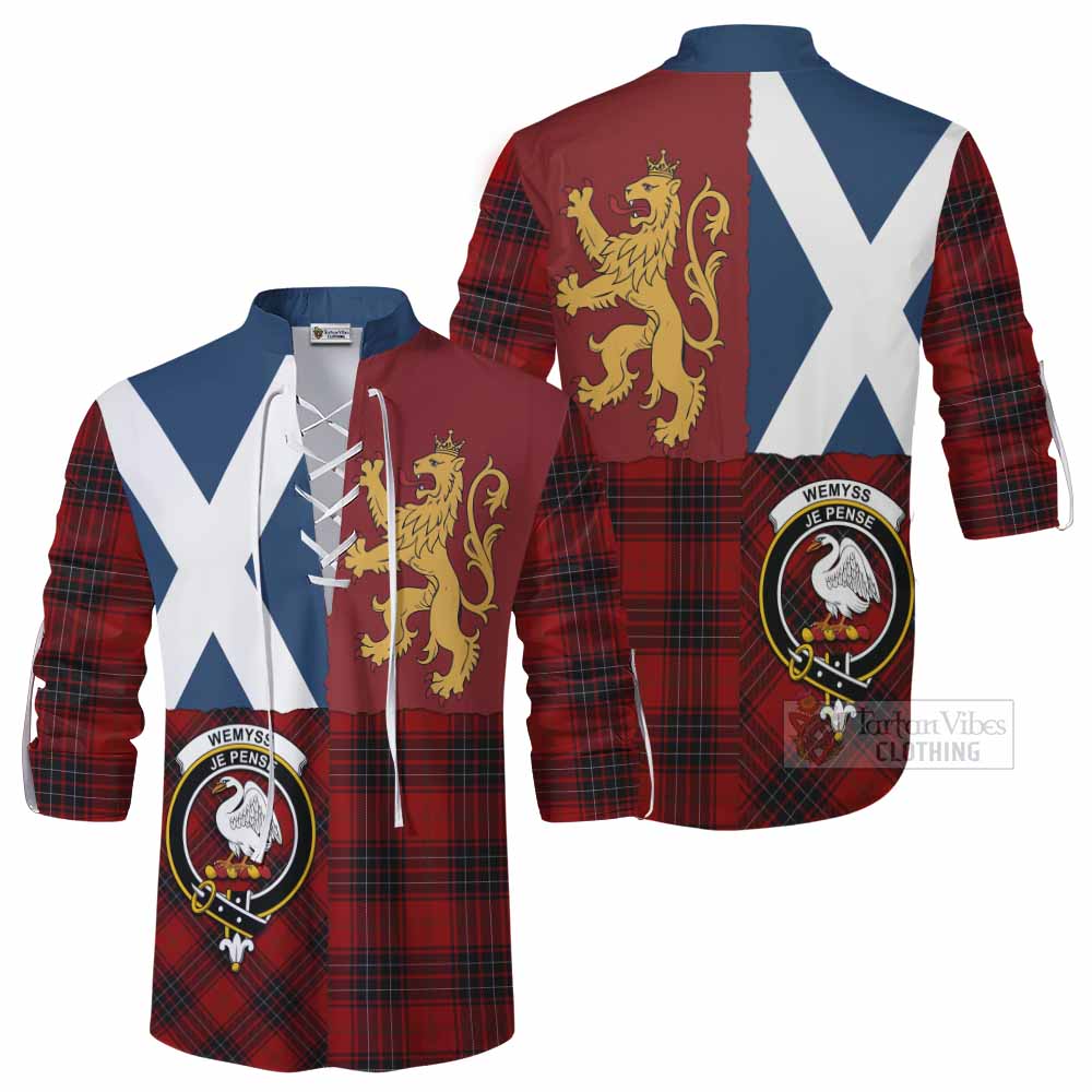 Wemyss Crest Tartan Ghillie Shirt with Lion Rampant Saltire Style - Tartan Vibes Clothing