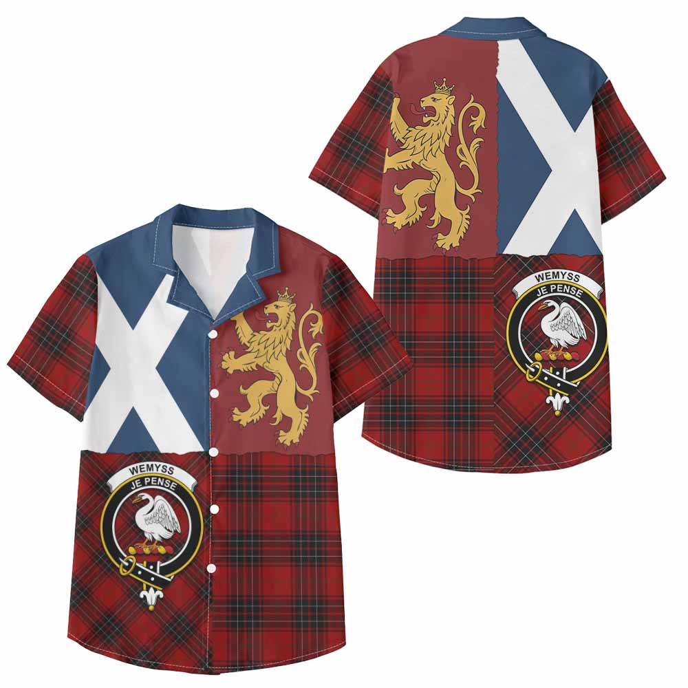 Wemyss Crest Tartan Kid Hawaiian Shirt with Lion Rampant Saltire Style - Tartan Vibes Clothing