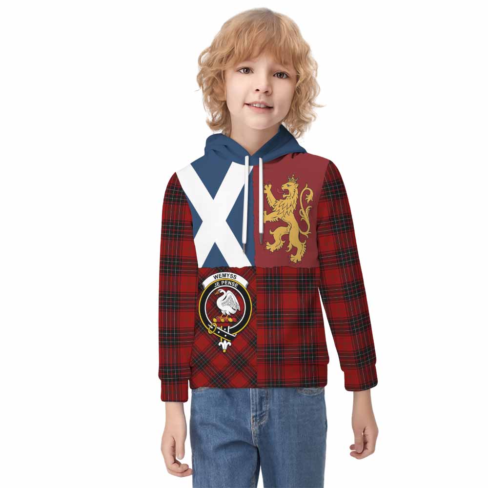 Wemyss Crest Tartan Kid Hoodie with Lion Rampant Saltire Style - Tartan Vibes Clothing