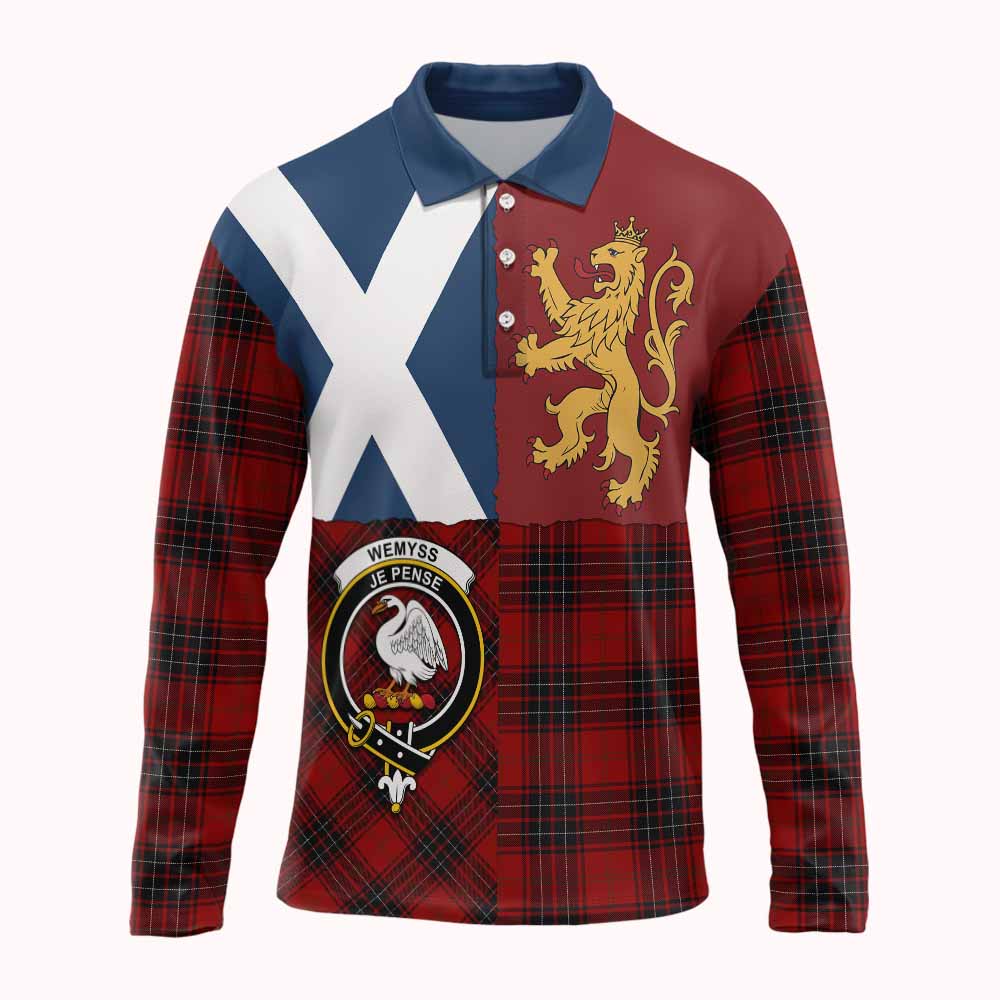 Wemyss Crest Tartan Long Sleeve Polo Shirt with Lion Rampant Saltire Style