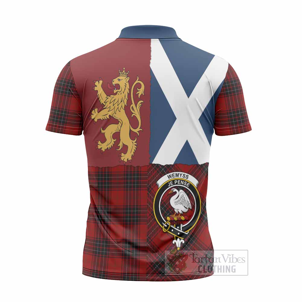 Wemyss Crest Tartan Zipper Polo Shirt with Lion Rampant Saltire Style