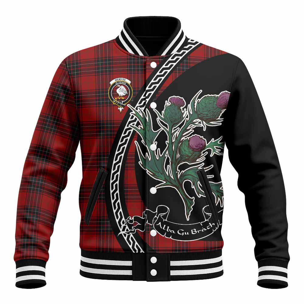Wemyss Family Crest Tartan Baseball Jacket Alba Thistle Inspired - Tartan Vibes Clothing