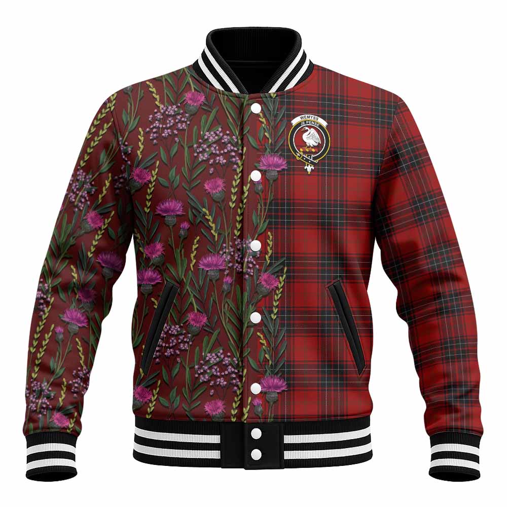 Wemyss Family Crest Tartan Baseball Jacket Scottish Thistle Flower Pattern Half Style - Tartan Vibes Clothing