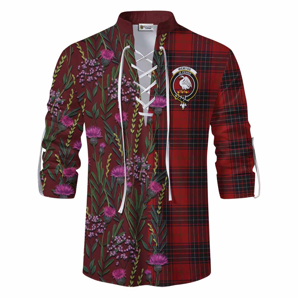 Wemyss Family Crest Tartan Ghillie Shirt Scottish Thistle Flower Pattern Half Style - Tartan Vibes Clothing
