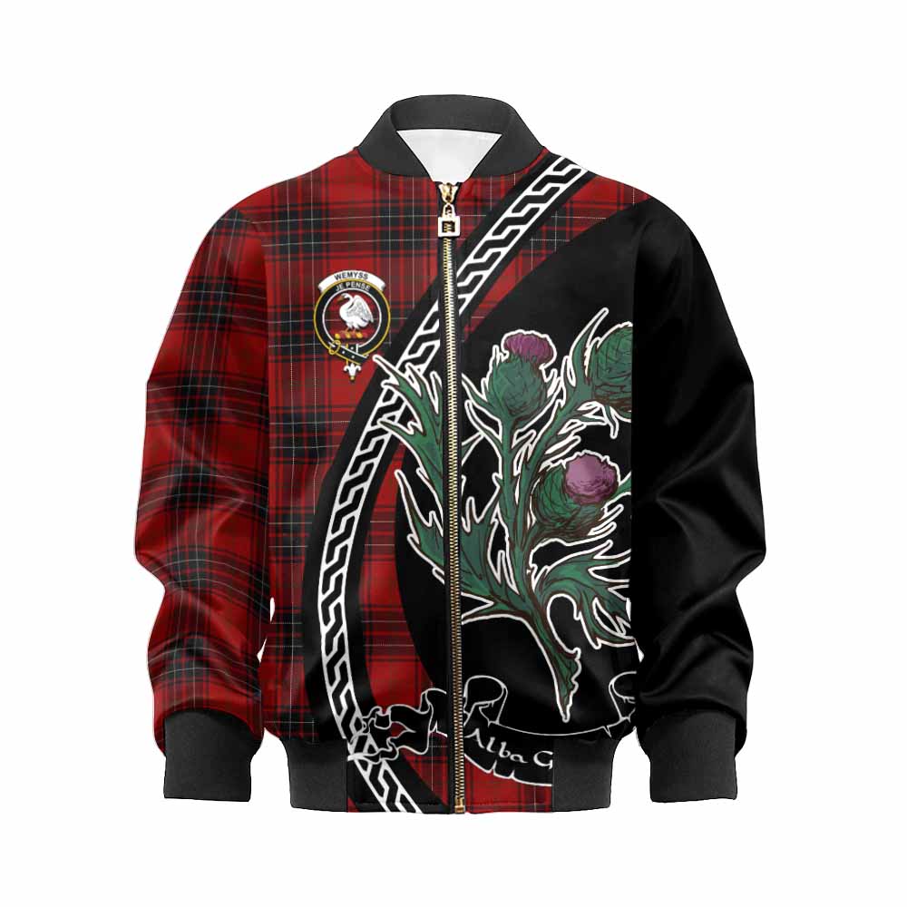 Wemyss Family Crest Tartan Kid Bomber Jacket Alba Thistle Inspired - Tartan Vibes Clothing