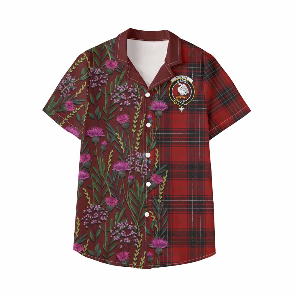 Wemyss Family Crest Tartan Kid Hawaiian Shirt Scottish Thistle Flower Pattern Half Style - Tartan Vibes Clothing