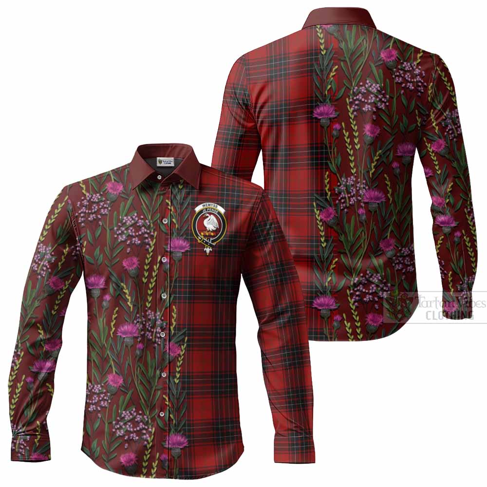 Wemyss Family Crest Tartan Long Sleeve Button Shirts Scottish Thistle Flower Pattern Half Style - Tartan Vibes Clothing