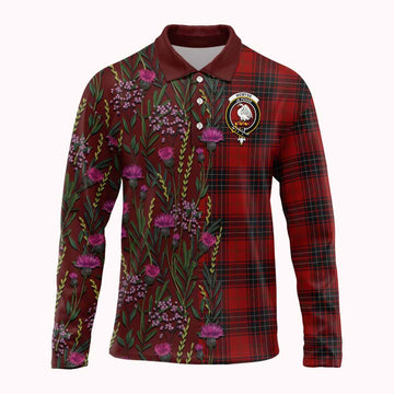 Wemyss Family Crest Tartan Long Sleeve Polo Shirt Scottish Thistle Flower Pattern Half Style