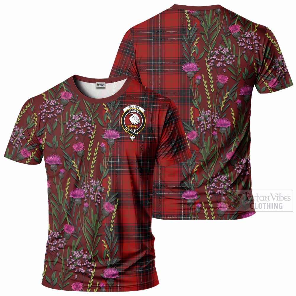 Wemyss Family Crest Tartan T-Shirt Scottish Thistle Flower Pattern Half Style - Tartan Vibes Clothing