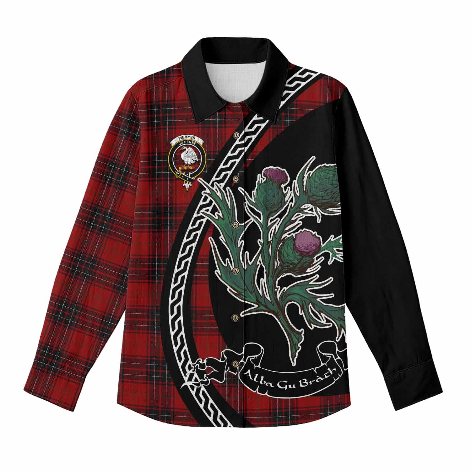 Wemyss Family Crest Tartan Women Casual Shirt Alba Thistle Inspired - Tartan Vibes Clothing