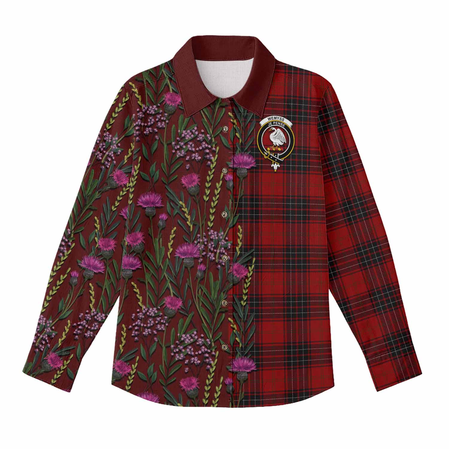 Wemyss Family Crest Tartan Women Casual Shirt Scottish Thistle Flower Pattern Half Style - Tartan Vibes Clothing