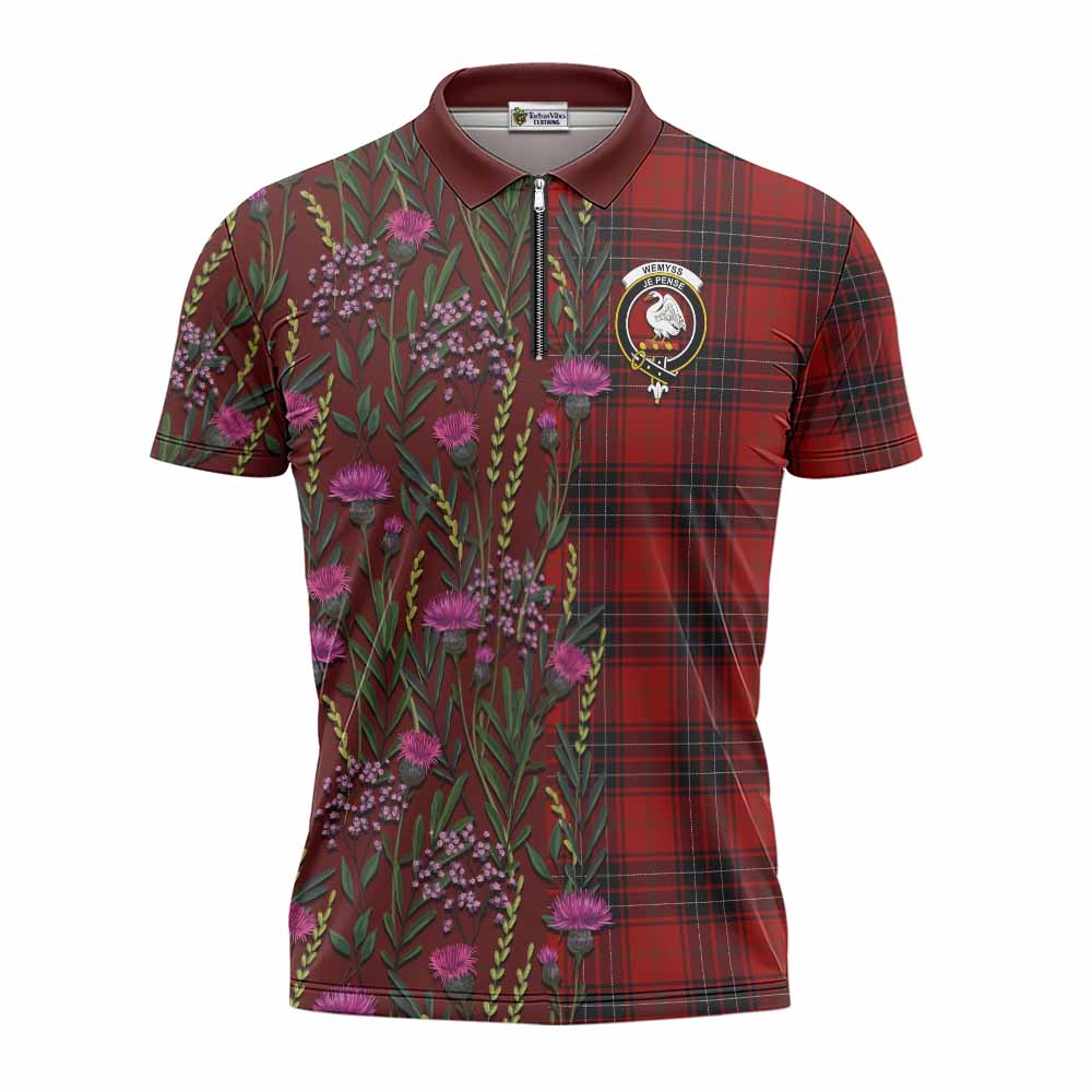 Wemyss Family Crest Tartan Zipper Polo Shirt Scottish Thistle Flower Pattern Half Style - Tartan Vibes Clothing