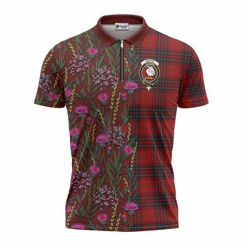 Wemyss Family Crest Tartan Zipper Polo Shirt Scottish Thistle Flower Pattern Half Style