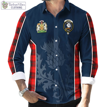 Wemyss Modern Tartan Long Sleeve Button Up Shirt with Family Crest and Scottish Thistle Vibes Sport Style