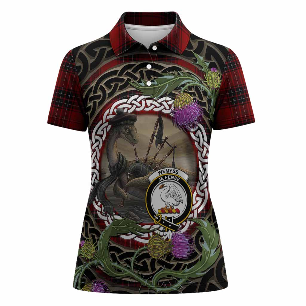 Wemyss Tartan Crest Bagpipe Nessie Women Polo Shirt Scottish Loch Ness Monster Celtic Thistle