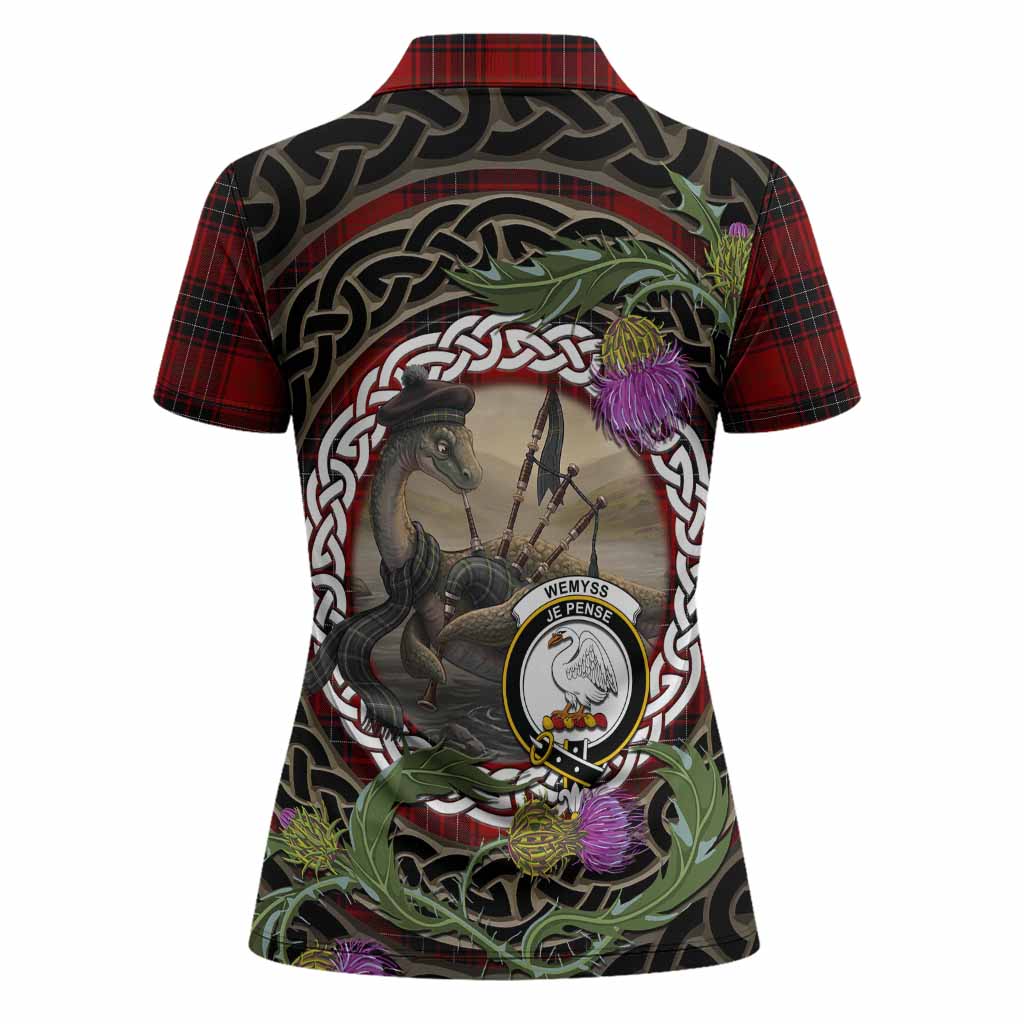 Wemyss Tartan Crest Bagpipe Nessie Women Polo Shirt Scottish Loch Ness Monster Celtic Thistle