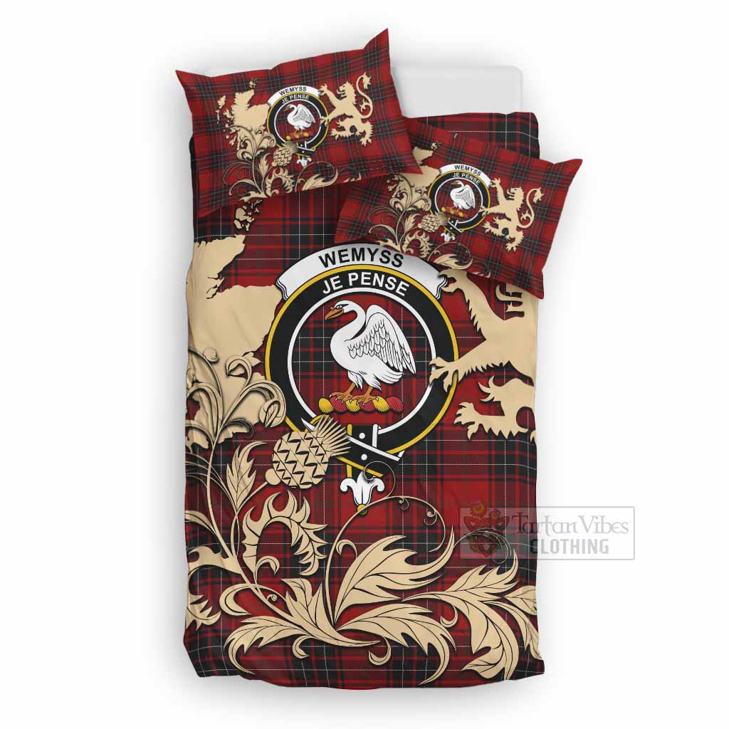 Wemyss Tartan Crest Bedding Set with Scottish Iconic Symbols 