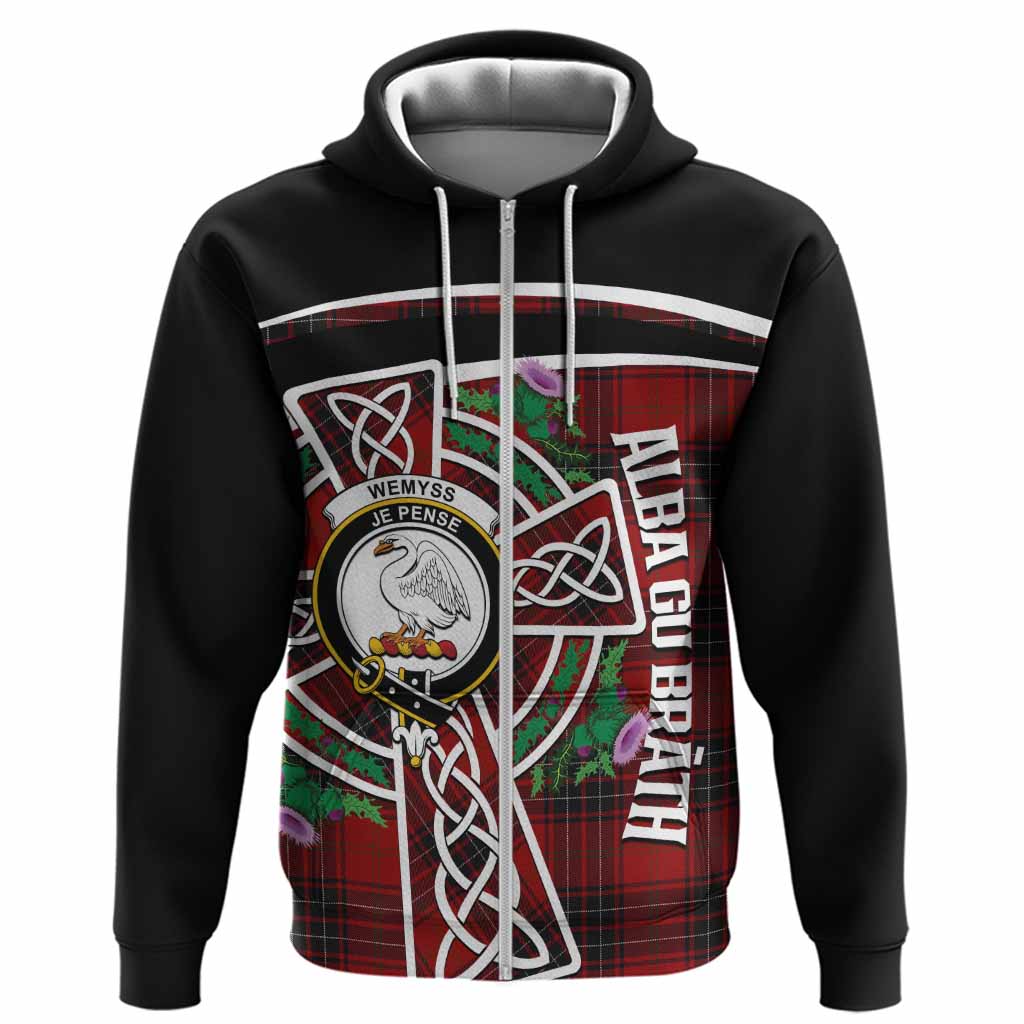 Wemyss Tartan Crest Hoodie Scottish Thistle Celtic Cross Alba Gu Brath