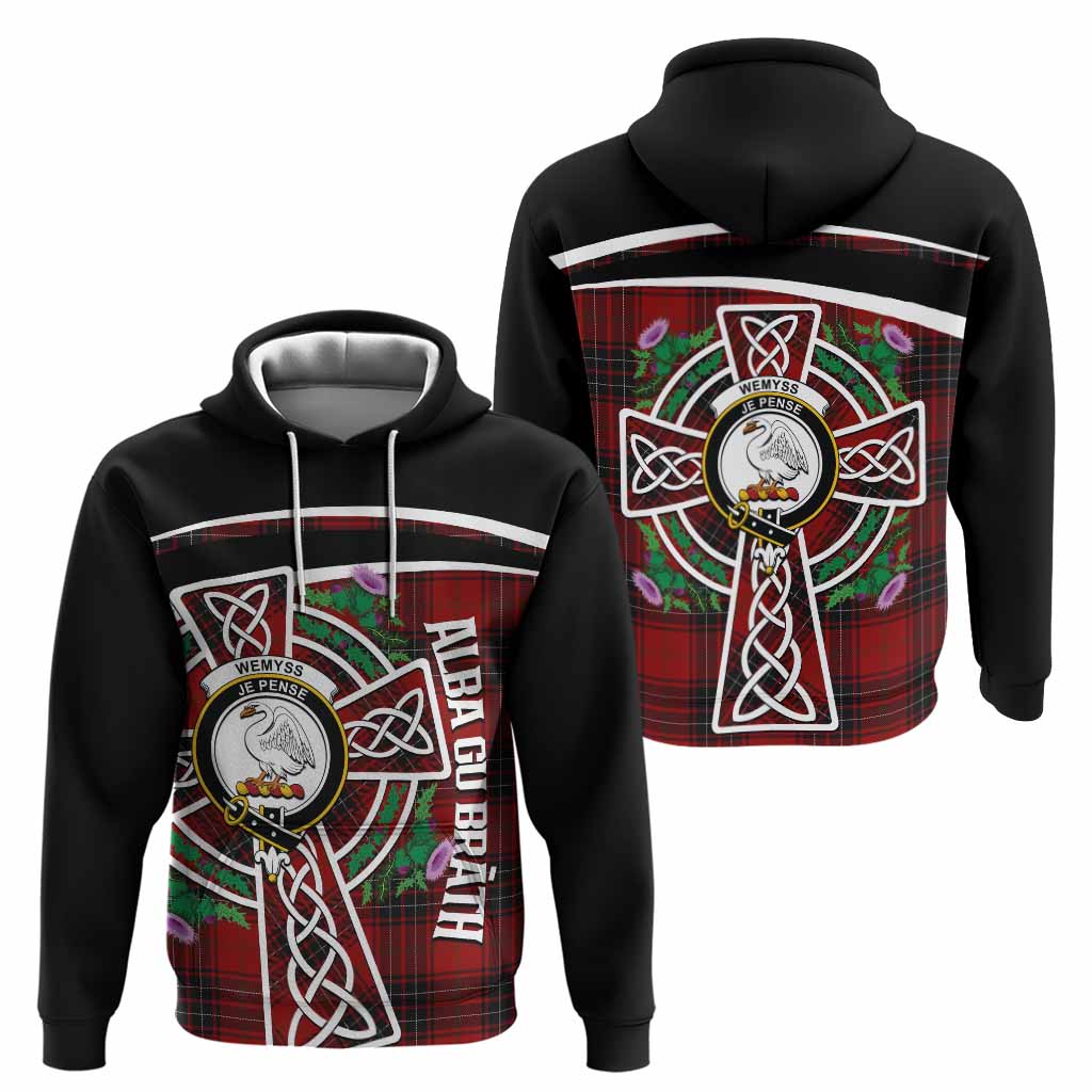 Wemyss Tartan Crest Hoodie Scottish Thistle Celtic Cross Alba Gu Brath
