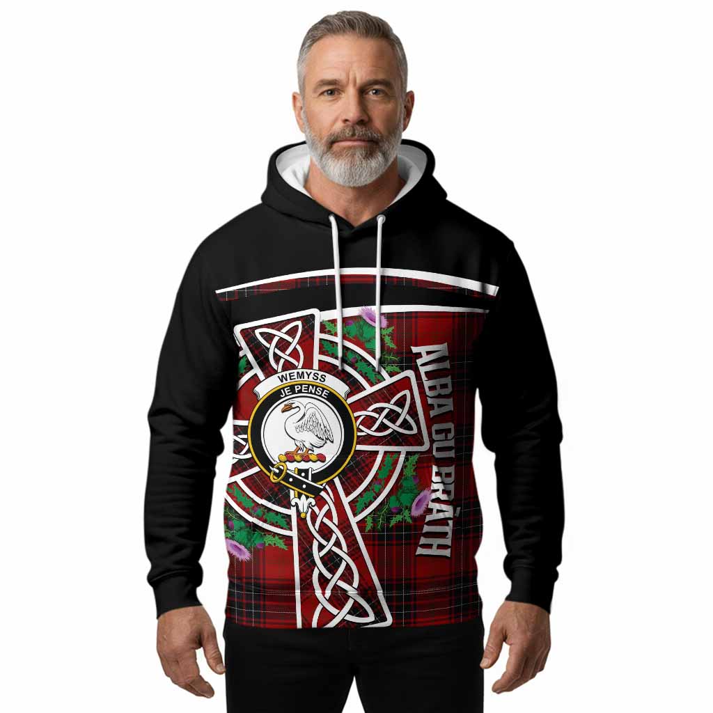 Wemyss Tartan Crest Hoodie Scottish Thistle Celtic Cross Alba Gu Brath