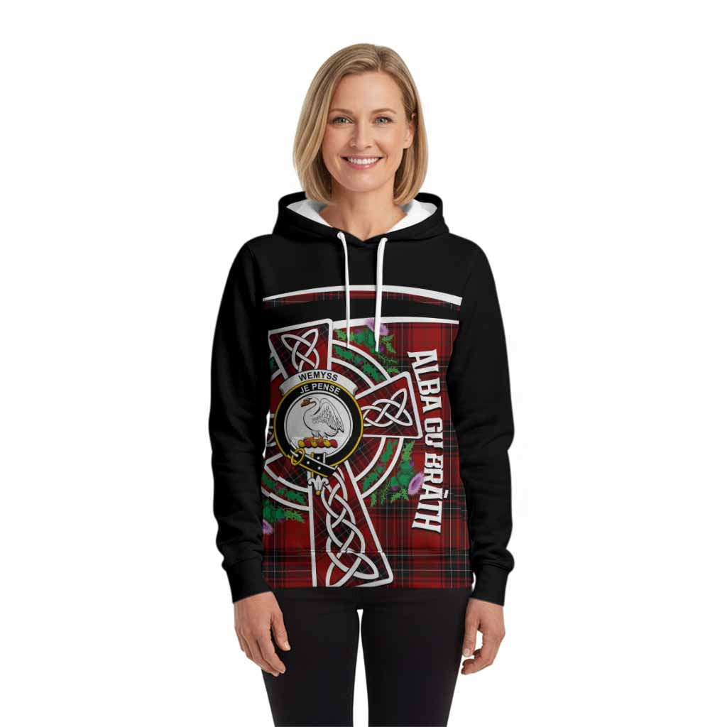Wemyss Tartan Crest Hoodie Scottish Thistle Celtic Cross Alba Gu Brath