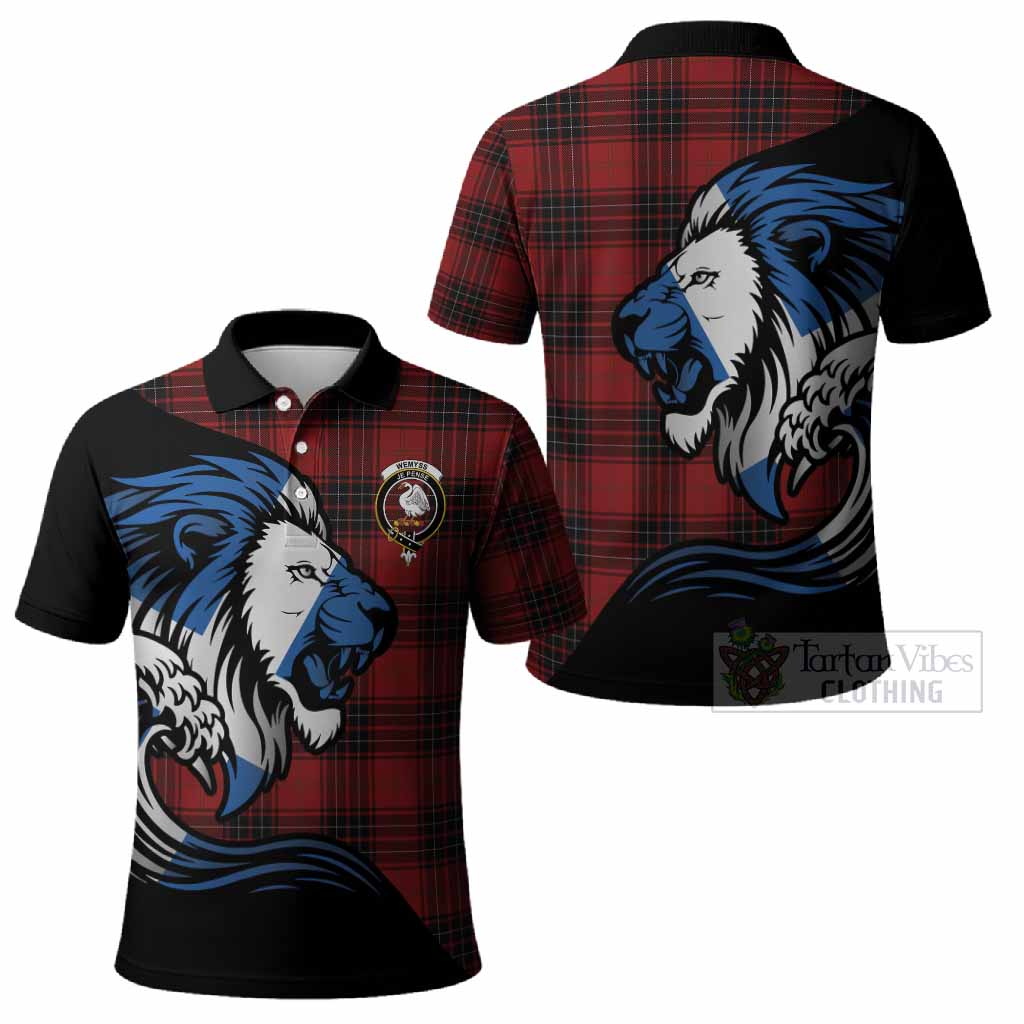 Wemyss Tartan Crest Polo Shirt Scottish Golden Lions Wave Flow