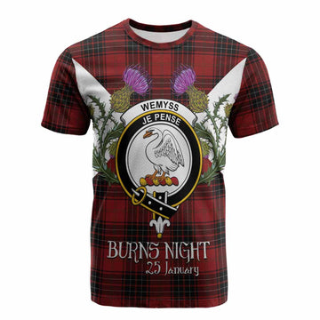 Wemyss Tartan Family Crest Cotton T-shirt Scottish Burns Night Thistle Floral