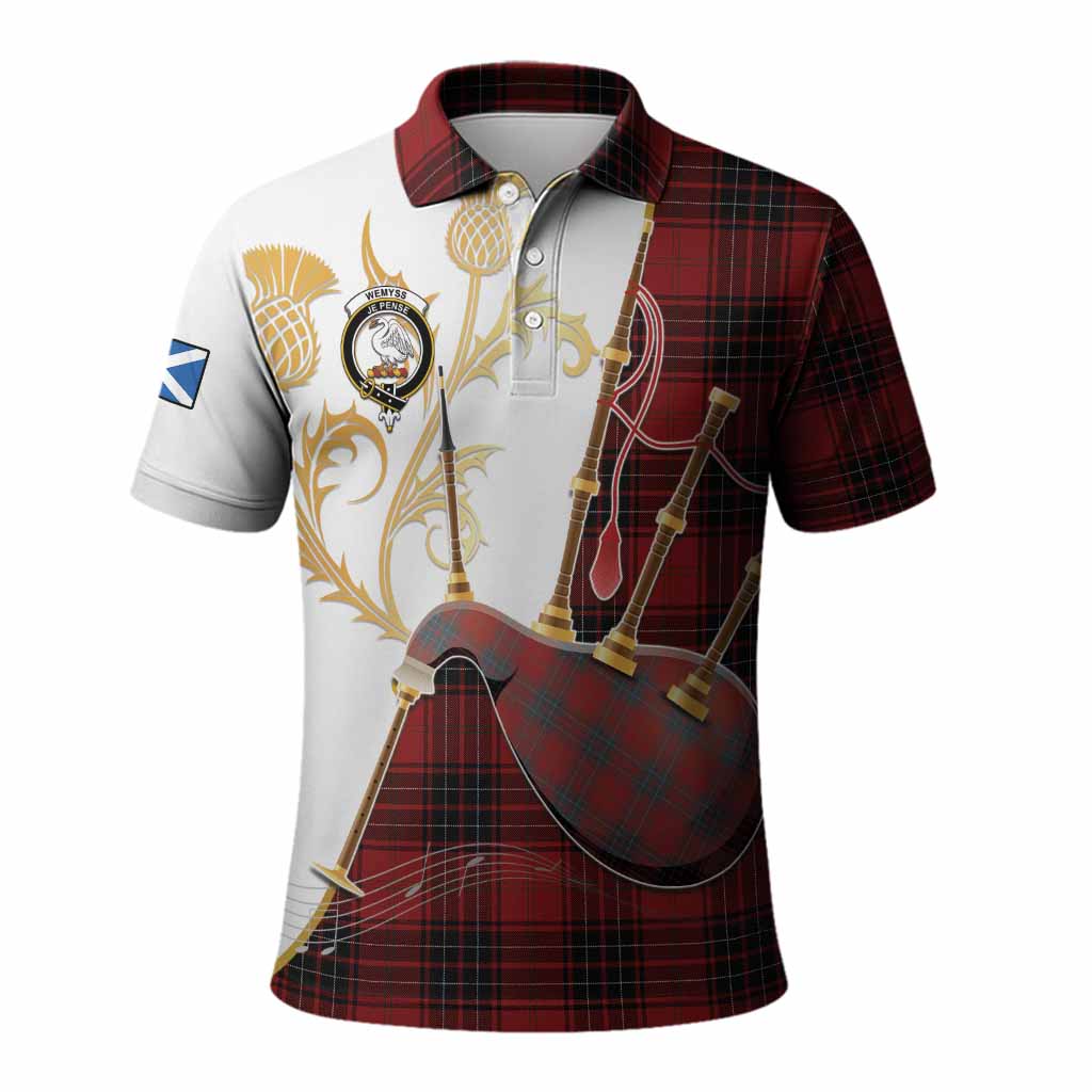 Wemyss Tartan Family Crest Polo Shirt Bagpipes with Scottish Thistle