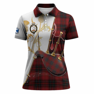 Wemyss Tartan Family Crest Women Polo Shirt Bagpipes with Scottish Thistle