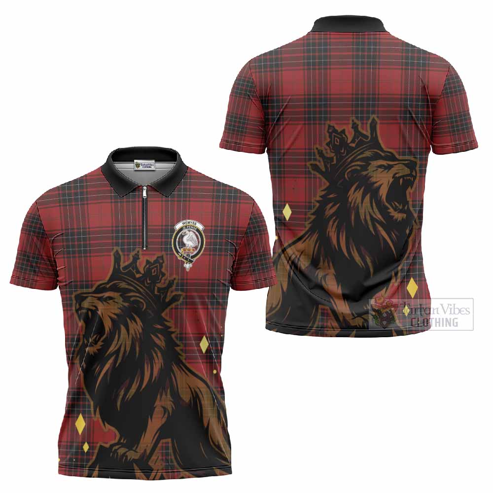 Wemyss Tartan Family Crest Zipper Polo Shirt Crowned Lion Roaring