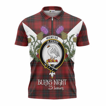 Wemyss Tartan Family Crest Zipper Polo Shirt Scottish Burns Night Thistle Floral