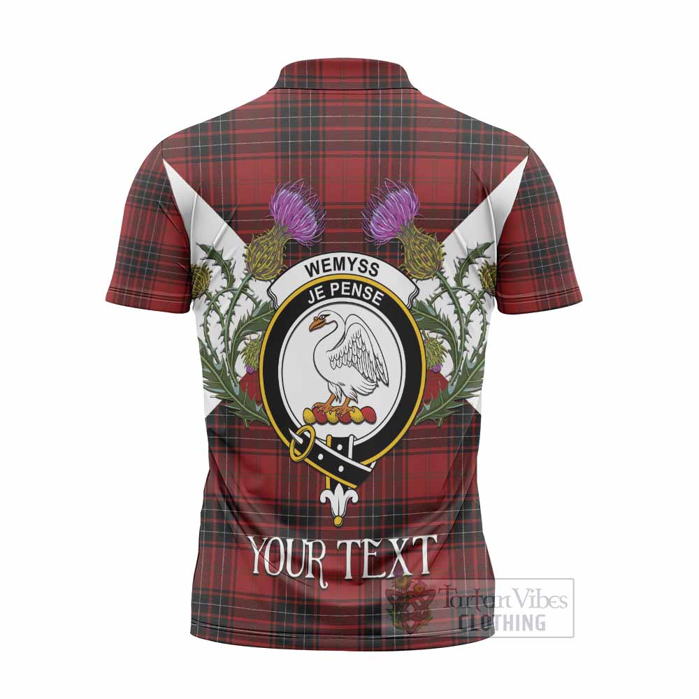 Wemyss Tartan Family Crest Zipper Polo Shirt Scottish Burns Night Thistle Floral