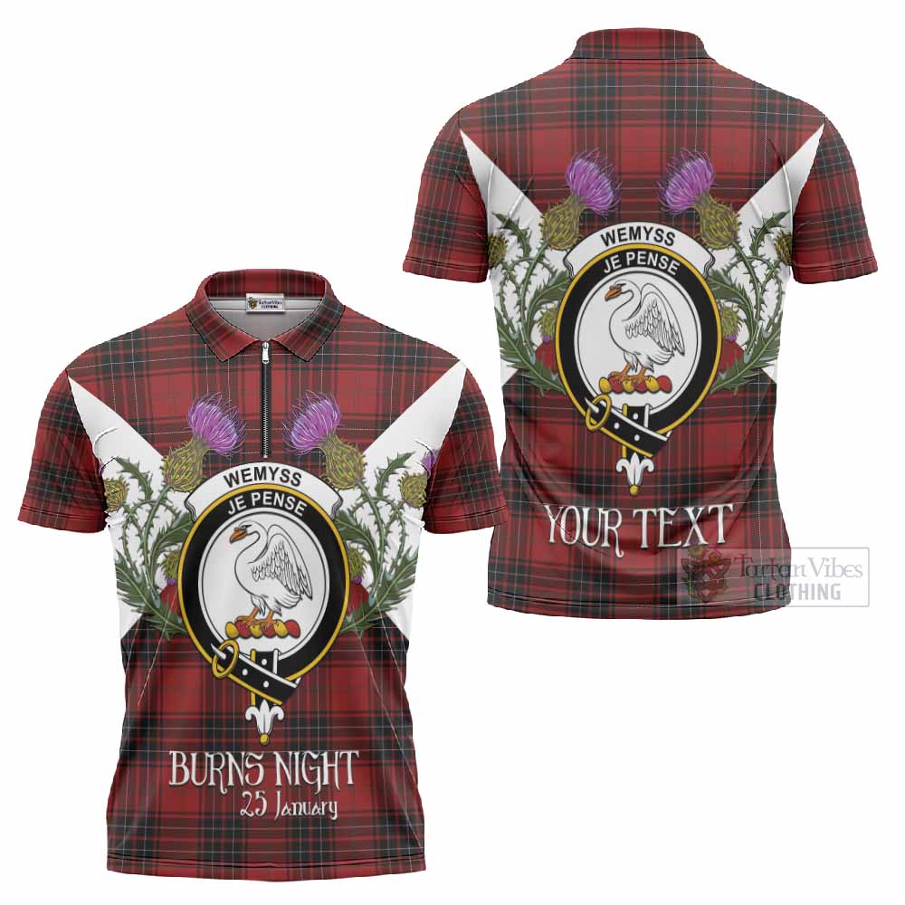 Wemyss Tartan Family Crest Zipper Polo Shirt Scottish Burns Night Thistle Floral