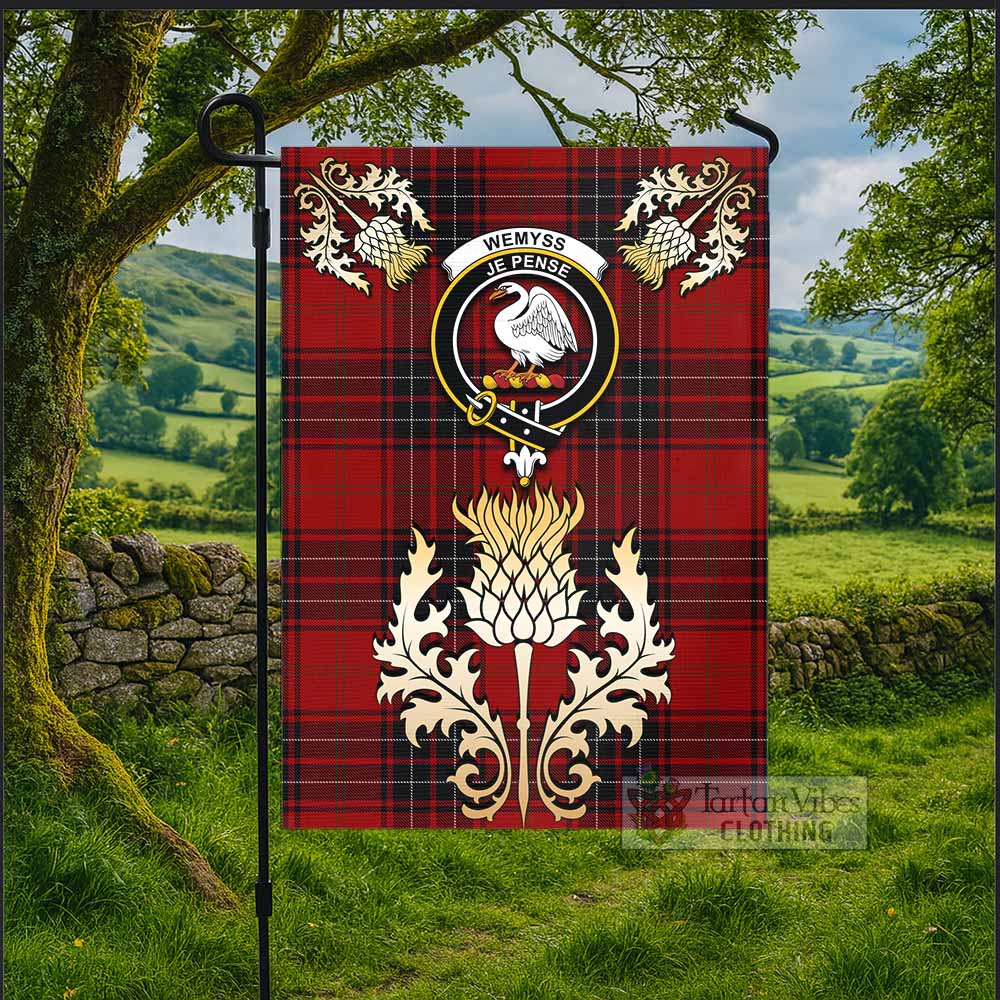 Wemyss Tartan Garden Flag with Golden Regal Scottish Thistle Emblem - Tartan Vibes Clothing