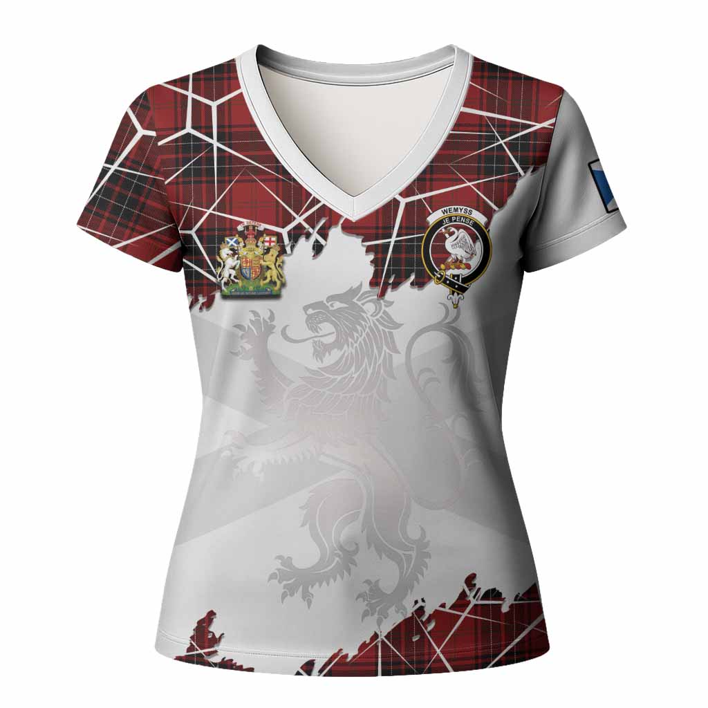 Wemyss Tartan Women T shirt with Family Crest and Lion Rampant Grunge Style