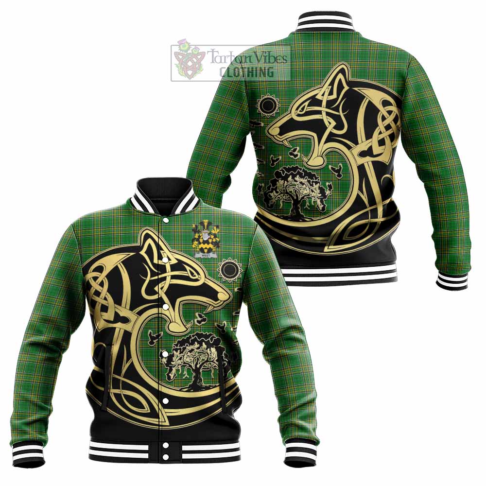 West Irish Tartan Baseball Jacket with Coat of Arms Celtic Wolf Style - Tartan Vibes Clothing