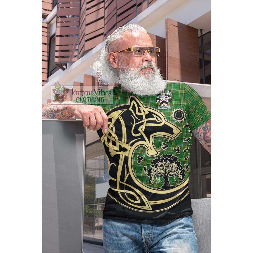 Wethers Irish Tartan Cotton T-shirt with Coat of Arms Celtic Wolf Style - Tartan Vibes Clothing