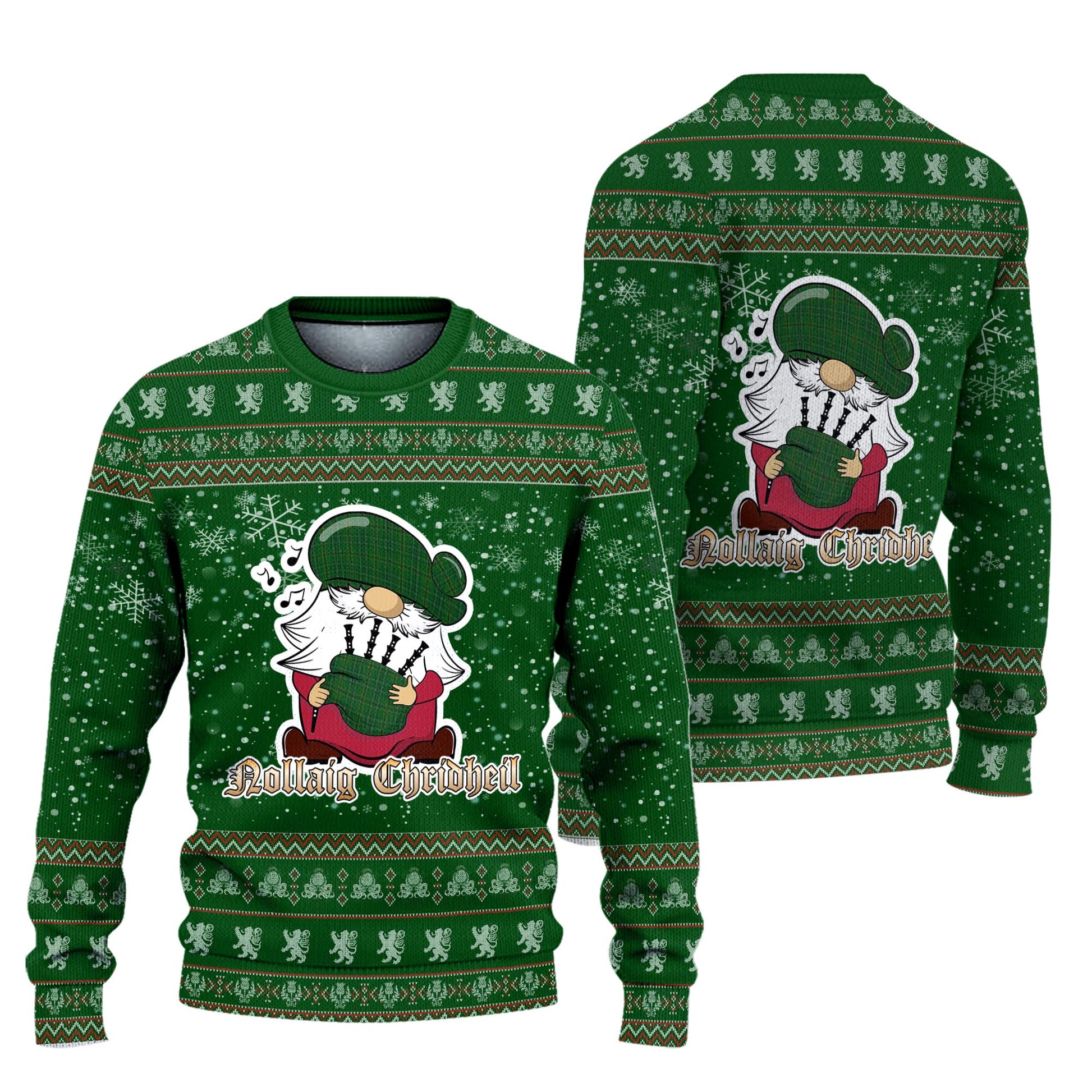 Wexford County Ireland Clan Christmas Family Knitted Sweater with Funny Gnome Playing Bagpipes Unisex Green - Tartanvibesclothing
