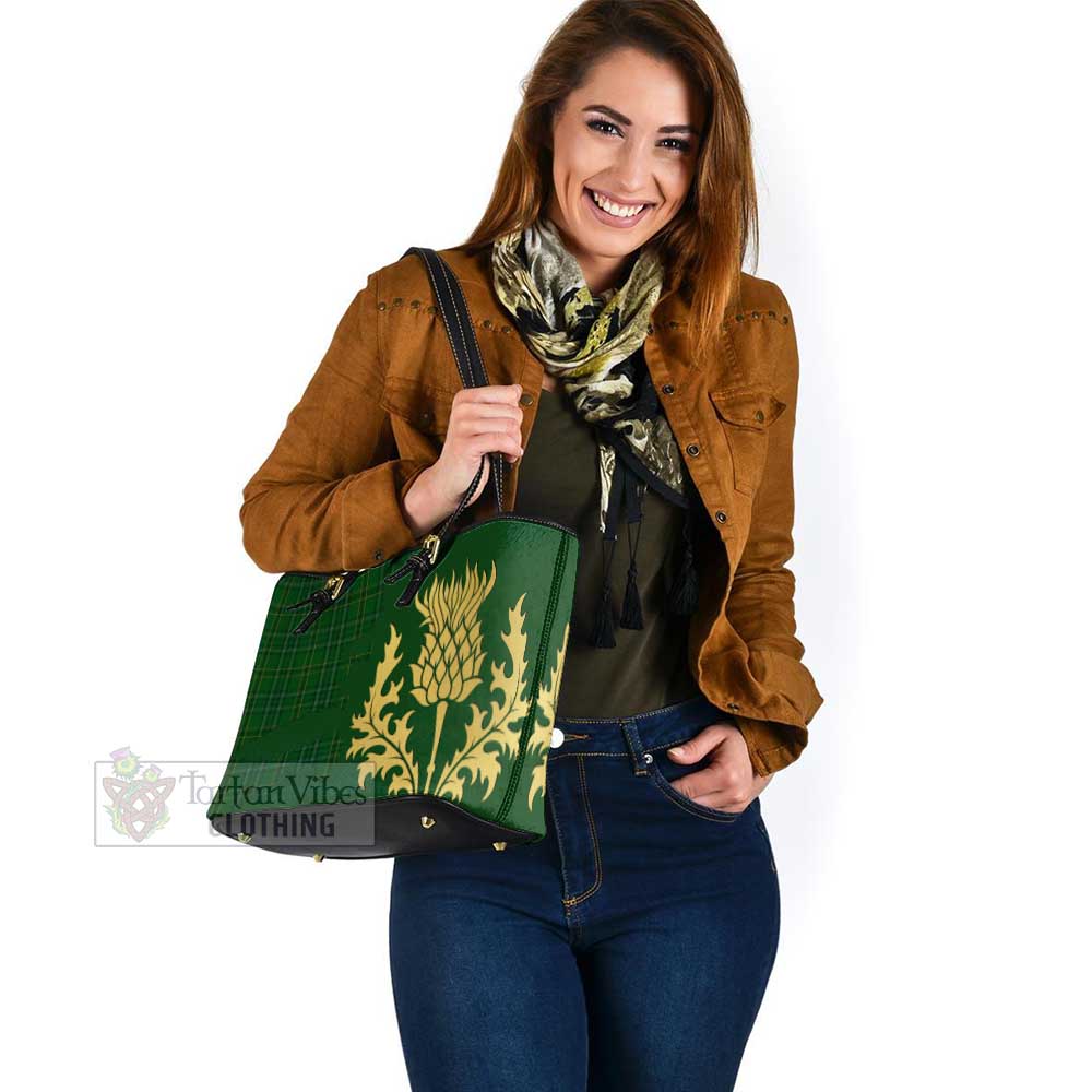 Tartan Vibes Clothing Wexford County Ireland Tartan Leather Tote Bag Gold Thistle Style