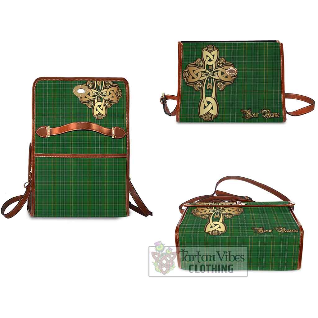 Tartan Vibes Clothing Wexford County Ireland Tartan Waterproof Canvas Bag Golden Thistle Celtic Cross Style