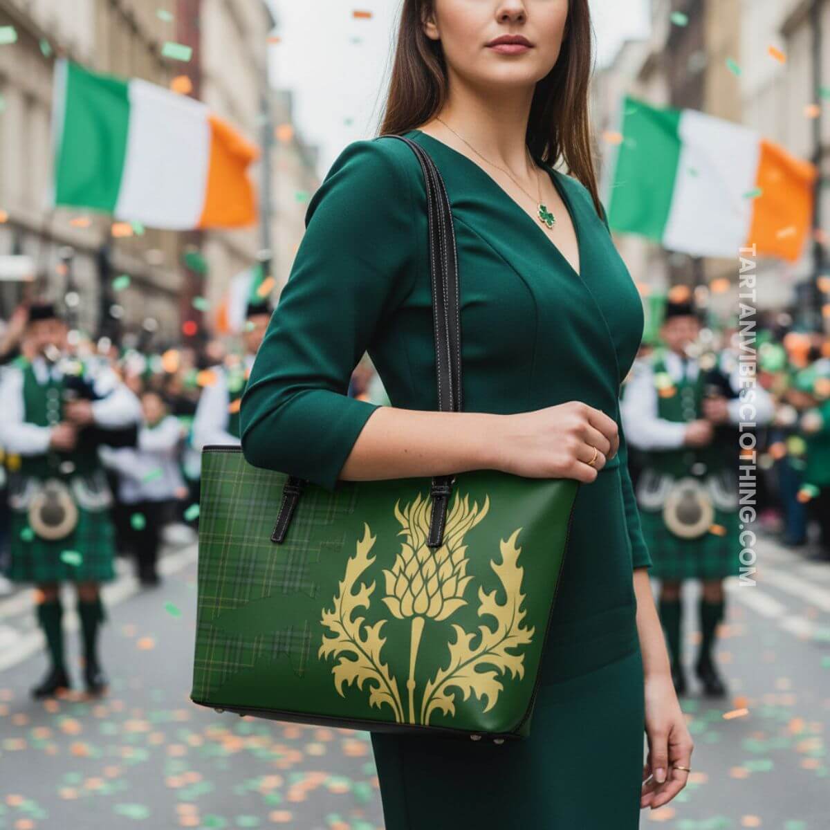 Wexford County Ireland Tartan Leather Tote Bag Gold Thistle Style